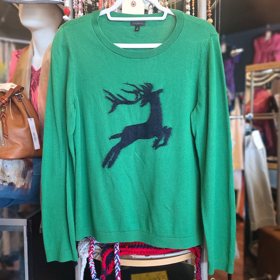 TALBOTS Green Sweater with Fuzzy Blue Deer M - PopRock Vintage. The cool quotes t-shirt store.