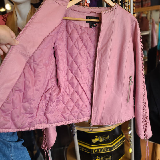 MARCIA Pink Leather Zip Up Jacket L - PopRock Vintage. The cool quotes t-shirt store.