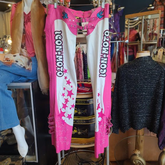 ICON MOTO Pink/White Leather Chaps S - PopRock Vintage. The cool quotes t-shirt store.