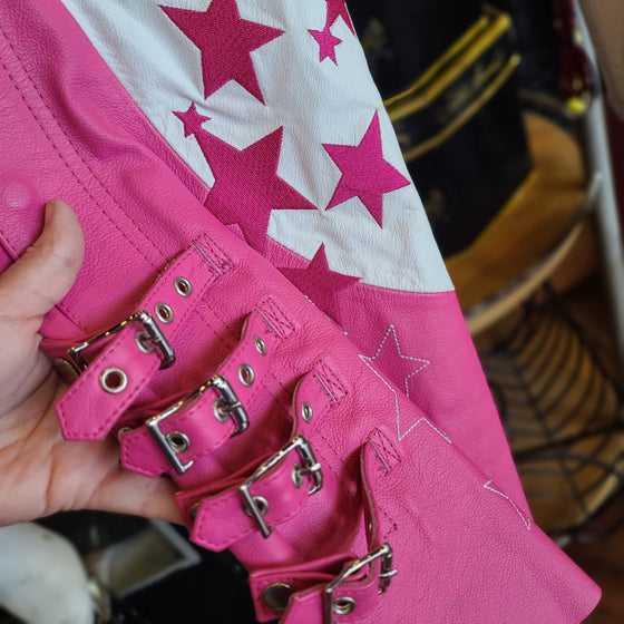 ICON MOTO Pink/White Leather Chaps S - PopRock Vintage. The cool quotes t-shirt store.