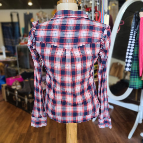 ROXY Red/White/Blue Flannel w. Ruffle S - PopRock Vintage. The cool quotes t-shirt store.