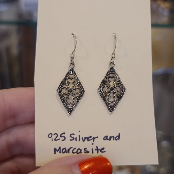 925 STERLING SILVER and Marcasite Diamond Dangle Earrings - PopRock Vintage. The cool quotes t-shirt store.