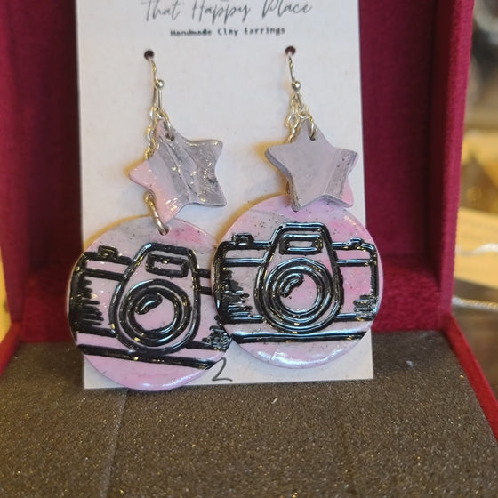 THE HAPPY PLACE Pink Camera Clay Earrings - PopRock Vintage. The cool quotes t-shirt store.