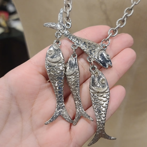 FISH Silver Tone Long Fish Necklace - PopRock Vintage. The cool quotes t-shirt store.