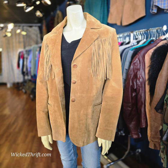 VINTAGE XOXO Brown Suede Fringe Jacket L - PopRock Vintage. The cool quotes t-shirt store.