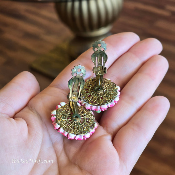 VINTAGE Green/Pink Floral Clip On Earrings - PopRock Vintage. The cool quotes t-shirt store.