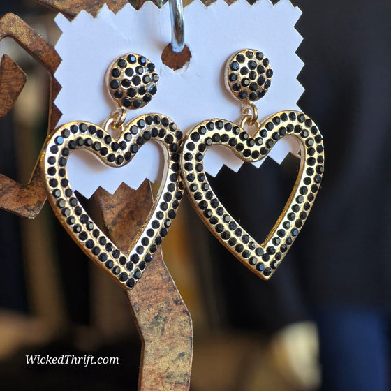 GOLD TONE + Black Rhinestone Heart Drop Earrings - PopRock Vintage. The cool quotes t-shirt store.