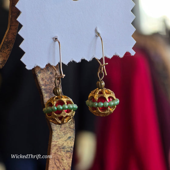 VINTAGE Gold Tone/Red/Turquoise Ornament Drop Earrings - PopRock Vintage. The cool quotes t-shirt store.