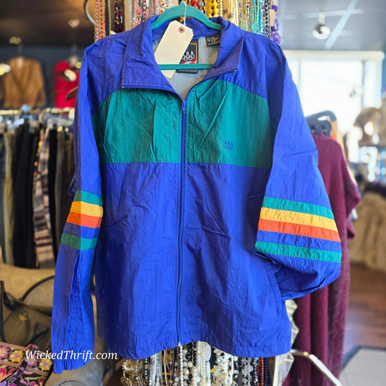 TEAM USA for JC PENNY Blue/Colorful Stripe Windbreaker XL - PopRock Vintage. The cool quotes t-shirt store.