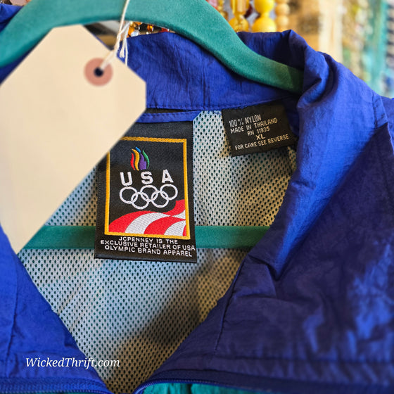 TEAM USA for JC PENNY Blue/Colorful Stripe Windbreaker XL - PopRock Vintage. The cool quotes t-shirt store.