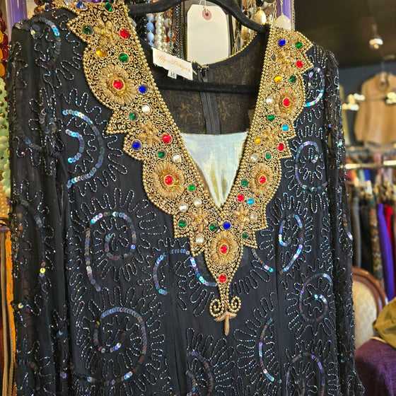 80s ALYCE DESIGNS Black/Gold Beaded/Sequin Maxi Dress