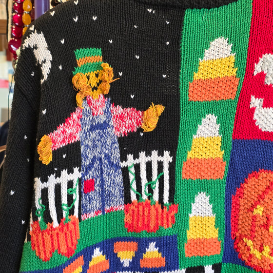 VINTAGE ALEXANDRA BARLETT Halloween Knit Cardigan w. Wooden Ghost Buttons