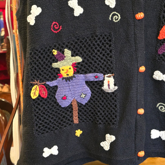 VINTAGE KAREN SCOTT Black Halloween Knit Vest w. Mini Pumpkin Buttons XL