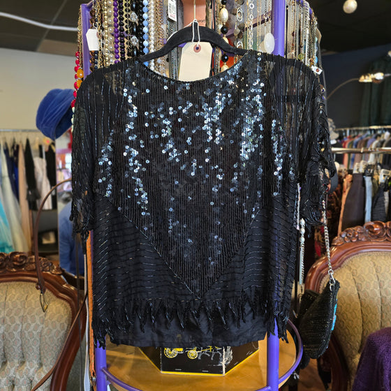 VINTAGE Black Silk Sequin/Glass Beading Top w. Silk Tank S