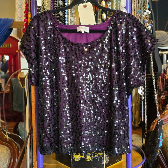 LAUNDRY BY SHELLI SEGAL Purple/Bkack Sequin Top XL