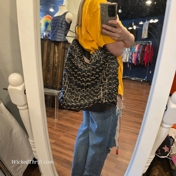 CHICOS Black Leather Woven Boho Shoulder Bag - PopRock Vintage. The cool quotes t-shirt store.