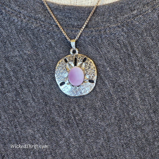 SILVER Sand Dollar Pendant w. Purple Shell Middle on Sterling Chain - PopRock Vintage. The cool quotes t-shirt store.