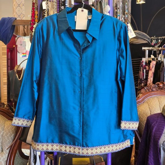 SILK LORE Blue 100% Silk Jacket w. Embroidery Bottom 1X