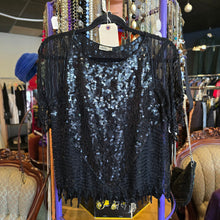  VINTAGE Black Silk Sequin/Glass Beading Top w. Silk Tank S