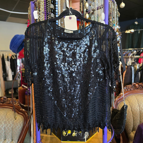 VINTAGE Black Silk Sequin/Glass Beading Top w. Silk Tank S