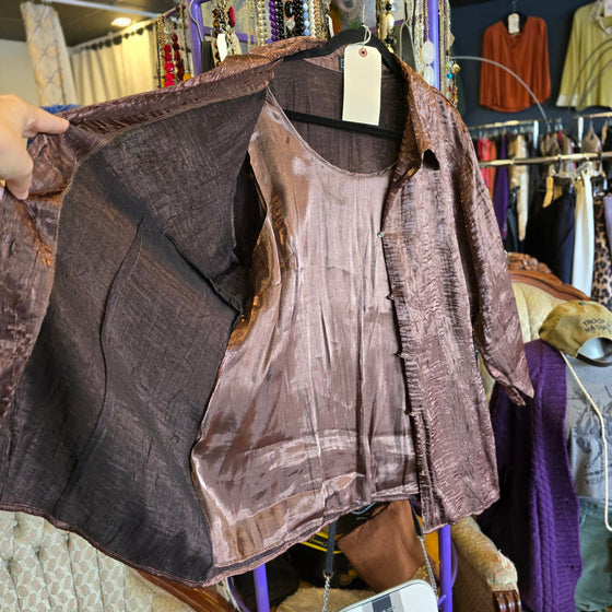 ELEMENTZ Brown Shimmer Faux Layer Button Up 2X