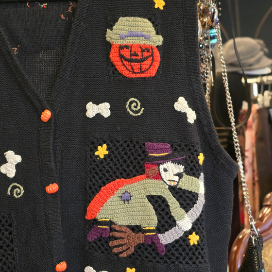 VINTAGE KAREN SCOTT Black Halloween Knit Vest w. Mini Pumpkin Buttons XL