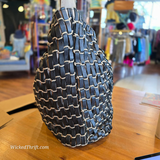CHICOS Black Leather Woven Boho Shoulder Bag - PopRock Vintage. The cool quotes t-shirt store.