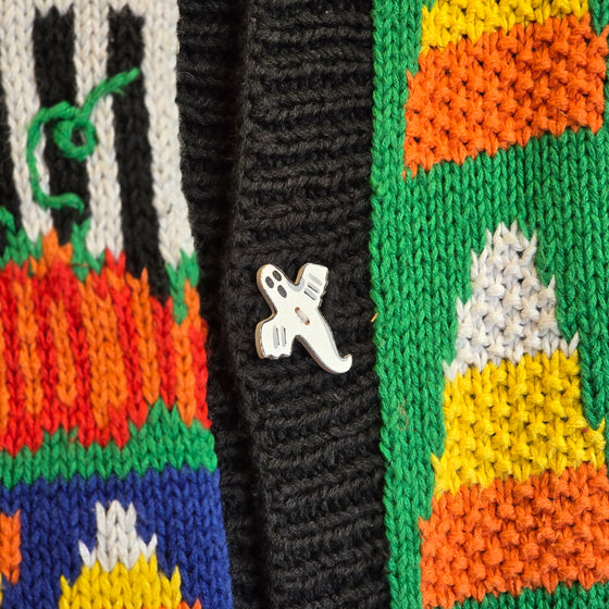 VINTAGE ALEXANDRA BARLETT Halloween Knit Cardigan w. Wooden Ghost Buttons
